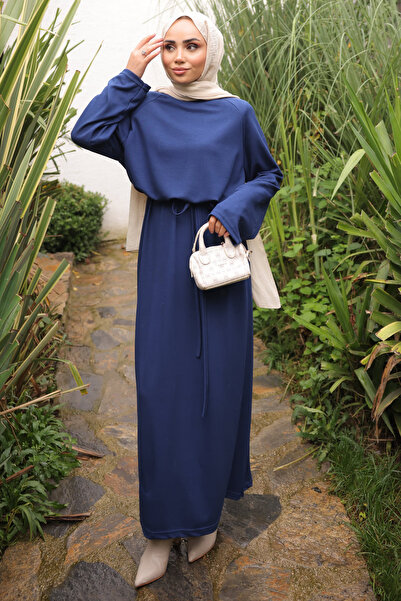 İmajButik Μπλε ναυτικό φόρεμα με λαιμόκοψη και ζώνη στη μέση