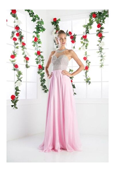 Ladivine Los Angeles Long pink evening dress in cloisonné made of veil with pearls