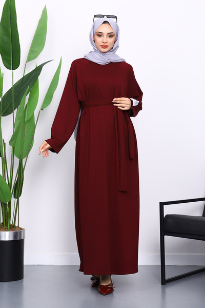 İmajButik Φόρεμα με μπορντό λακαρισμένο μανίκι με κορδόνια με κορδόνια βασικής μοντάλ