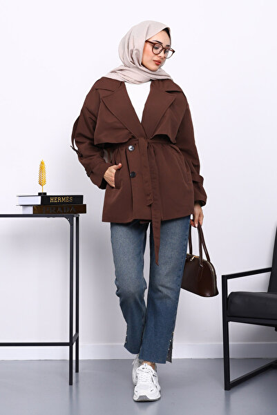 İmajButik Κοντό παλτό με κουμπιά και γιακά καφέ χρώματος