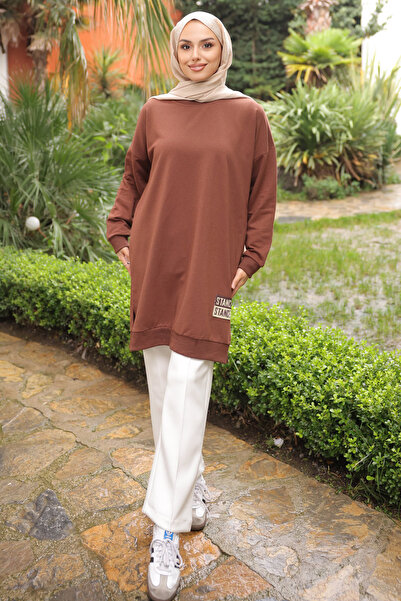 İmajButik Brown Crew Neck Embroidered Tunic