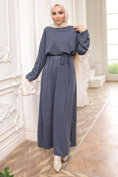 İmajButik Smoked Crew Neck Belted Dress