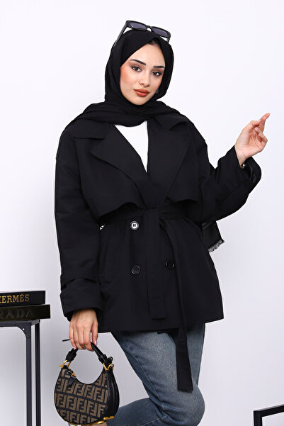 İmajButik Black Kravuze Collar Buttoned Short Trench Coat
