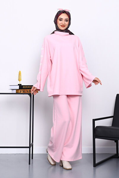 İmajButik Ροζ Σετ Τουνίκ με Λεπτομέρεια Μανικετόκουμπα και Παντελόνι