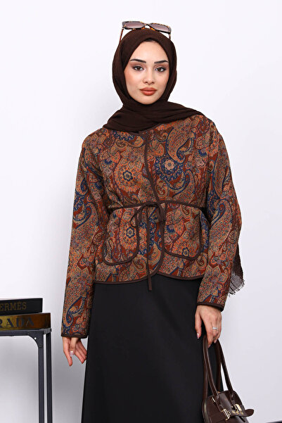 İmajButik Кафяво яке с етнически мотиви и джобове