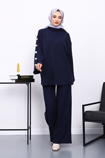 İmajButik Синій комплект з тунікою з деталями на рукавах і брюками