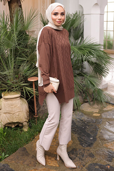İmajButik Brown Crew Neck Cold Thread Knitwear Tunic