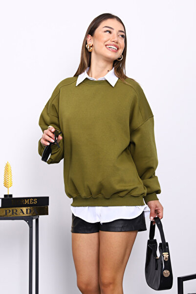 İmajButik Yağ Yeşili Bisiklert Yaka Üç İplik Sweat