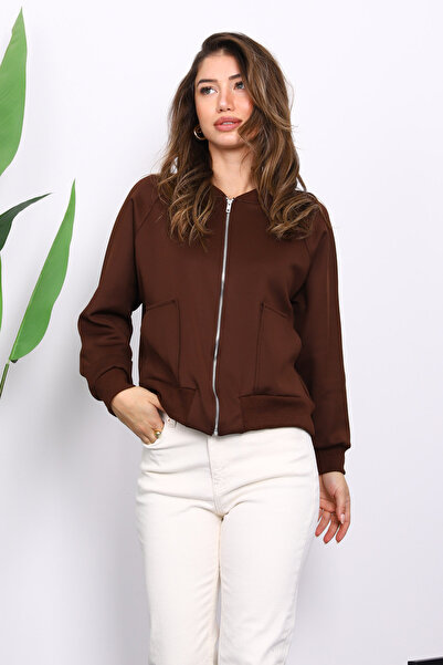 İmajButik Brown Zippered Scuba Short Jacket