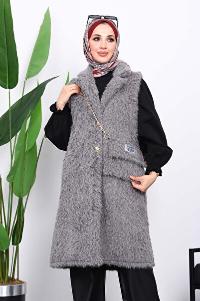 İmajButik Füme Çanta Hadiyeli Angora Pelüş Kürk Yelek