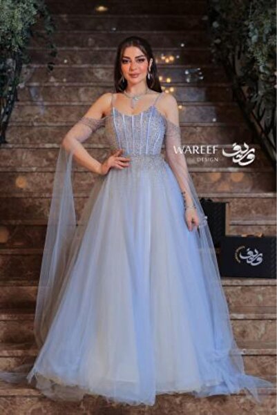 WAREEF FASHION sky blue tulle evening dress