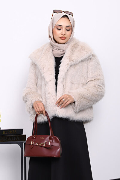 İmajButik Κοντό γούνινο παλτό με πέτρινη επένδυση