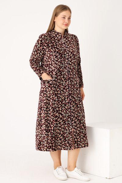 İntensive Burgundy Floral Patterned Full-Length Zippered Pocketed Cotton Velvet Judge Maxi Length Collar Plus Size Dress