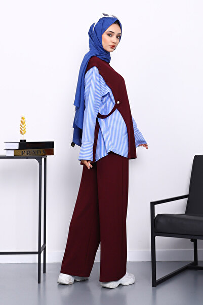 İmajButik Mürdüm Paneled Modal Suit with Tunic Trousers