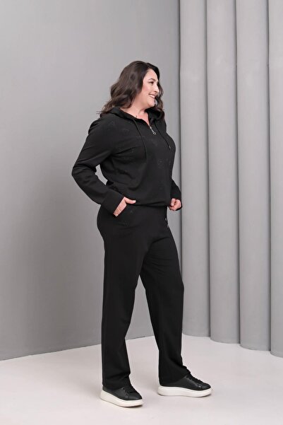 Ebsumu Women's Plus Size Stone Printed Hooded Black Tracksuit Set