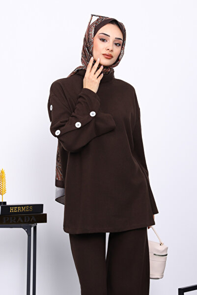 İmajButik Καφέ Σετ Τουνίκ με Λεπτομέρεια Μανικετόκουμπα και Παντελόνι