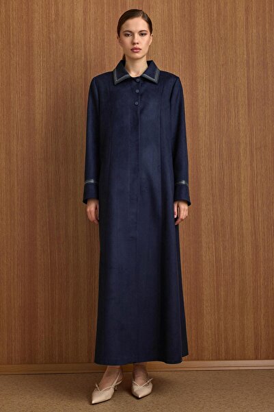 Olcay Shirt Collar Leather and Embroidery Detailed Suede Look Oversized Top Coat Dark Blue 6798