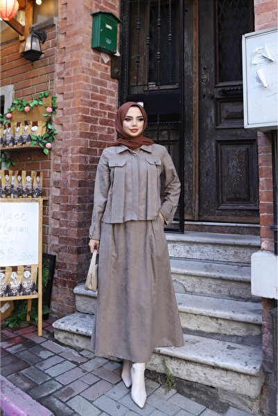 NİSUM MODA Suede Skirt Suit with Pocket Detail