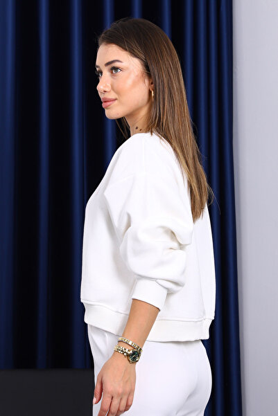 İmajButik Ecru Crew Neck Embroidered Three Thread Short O Oversized Sweat