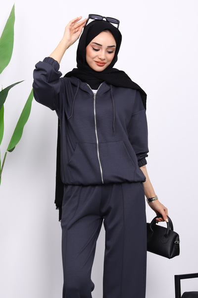 İmajButik Anthracite Hooded Zippered Kangaroo Pocket Modal Set