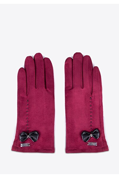 Wittchen Women's Gloves with Decorative Trim and Bow, Burgundy, Burgundy Polyester
