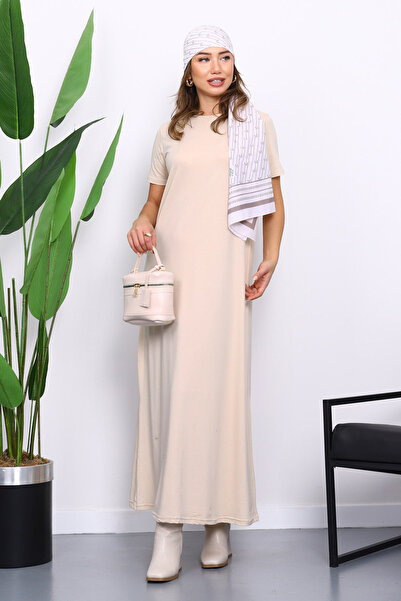 İmajButik Beige Short Sleeve Hijab Inner Dress