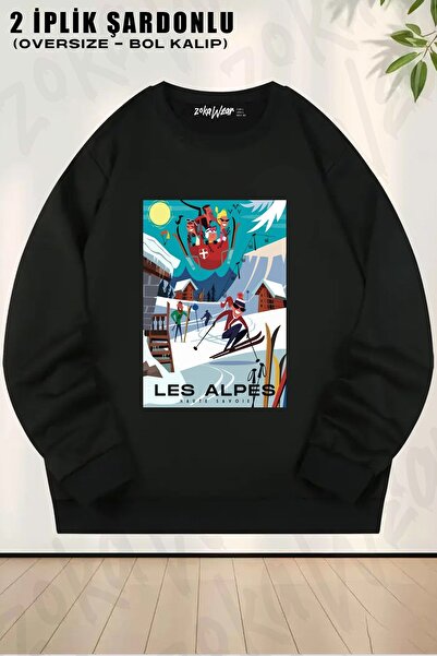 ZOKAWEAR Unisex Les Alpes Ski cu imprimeu supradimensionat guler rotund Swea ...