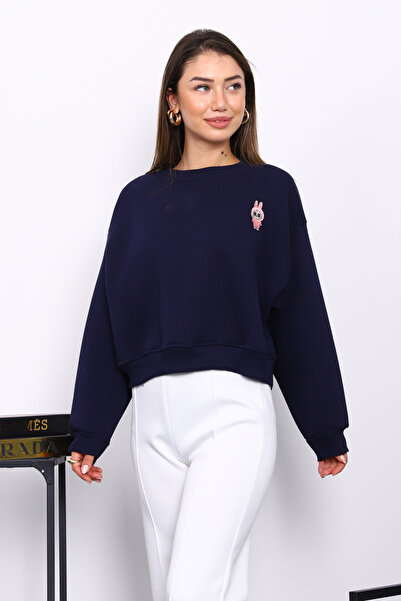 İmajButik Navy Blue Crew Neck Embroidered Three Thread Short O Oversized Sweat