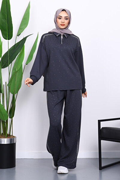 İmajButik Anthracite Stone Collar Zippered Tunic Trouser Suit