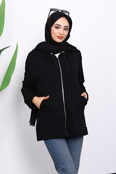 İmajButik Black Hooded Zippered Modal Sweat Cardigan