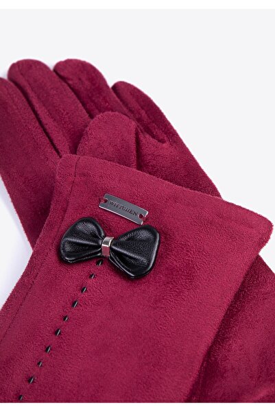Wittchen Women's Gloves with Decorative Trim and Bow, Burgundy, Burgundy Polyester