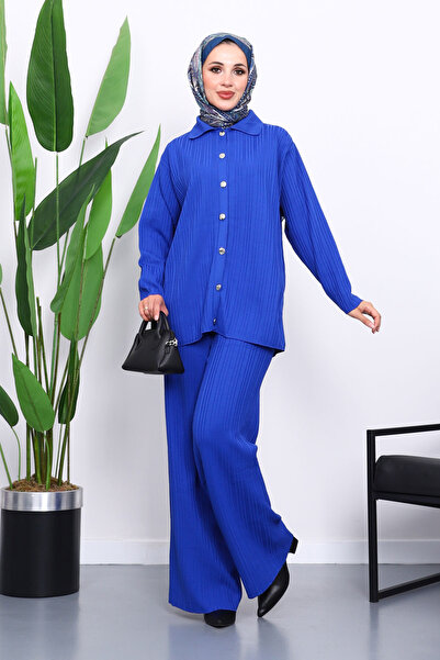 İmajButik Cobalt Blue Shirt Collar Buttoned Trousered Knitwear Suit