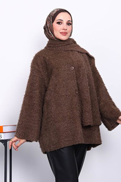 İmajButik Brown Boat Neck Scarf Jacket