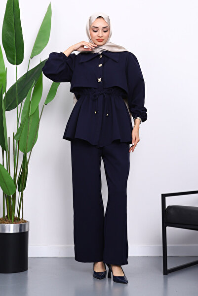İmajButik Navy Blue Double Crepe Tunic Trouser Suit