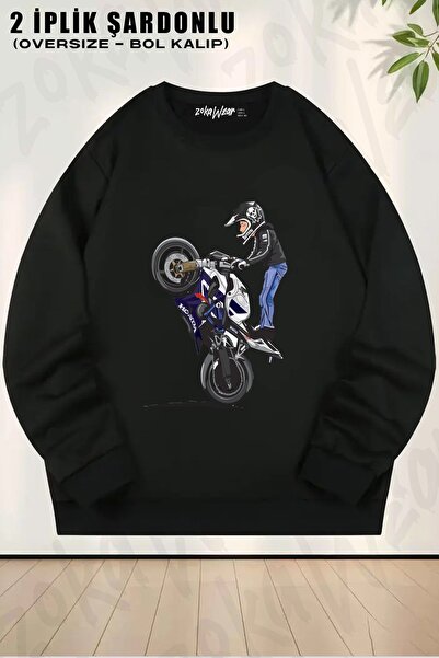 ZOKAWEAR سويت شيرت برقبة دائرية للجنسين من Front Raiser Biker مطبوع قصة فضفاضة