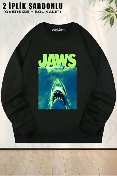 ZOKAWEAR سويت شيرت يونيسكس من Jaws Surfacing Neon Poster مطبوع قصة فضفاضة برق...