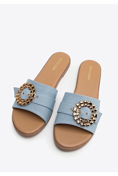 Wittchen Women's Denim Slides with Shiny Buckle Blue Synthetic Material