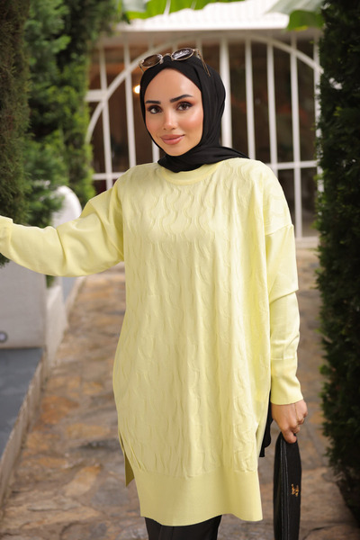 İmajButik Sarı Bisiklet Yaka Soğuk İplik Triko Tunik