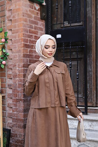 NİSUM MODA Suede Skirt Suit with Pocket Detail