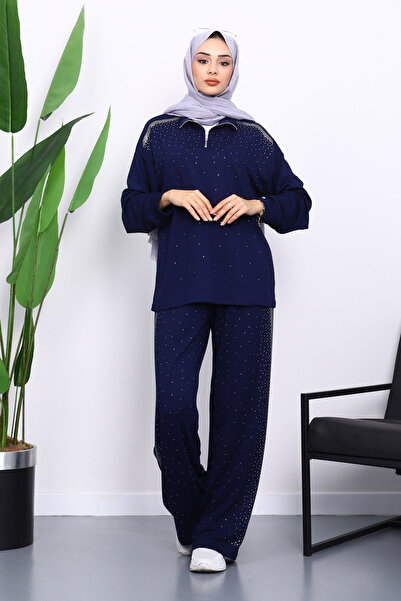 İmajButik Set pantaloni tunică cu fermoar cu guler în piatră bleumarin