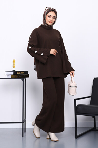 İmajButik Καφέ Σετ Τουνίκ με Λεπτομέρεια Μανικετόκουμπα και Παντελόνι