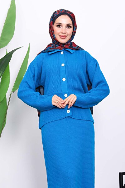 İmajButik Σετ με μπλε πουκάμισο με γιακά και πλεκτή φούστα με κουμπιά