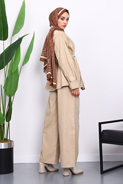 İmajButik Σετ Gabardine με μπεζ μπουφάν και παντελόνι με κουμπώματα