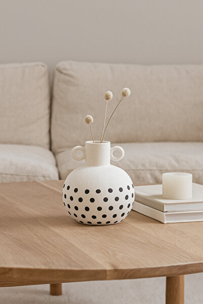 MARIA HOMES مزهرية سيراميك بيضاء طبيعية بنقاط سوداء - مزهرية صغيرة مستديرة بم...