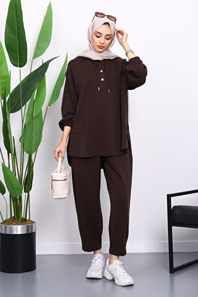 İmajButik Brown Collar Snap-Tunic Trouser Suit