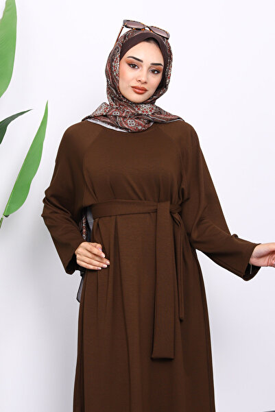 İmajButik Brown Sleeve Embroidered Raglan Sleeve Basic Modal Belted Dress