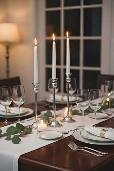 AA HomeLight 3'lü Gümüş Mumluk Takımı Dekoratif Ev Aksesuarı Paslanmaz Şamdan Seti