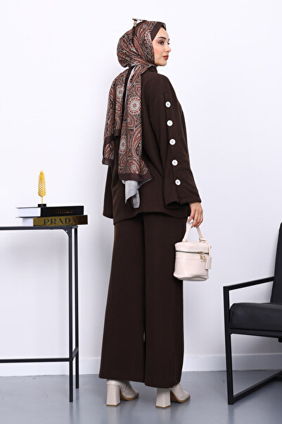 İmajButik Καφέ Σετ Τουνίκ με Λεπτομέρεια Μανικετόκουμπα και Παντελόνι