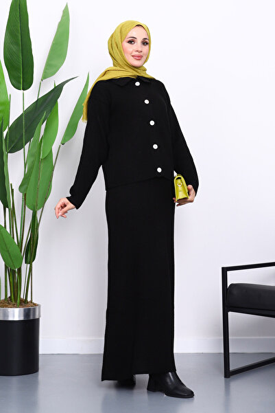 İmajButik Black Shirt Collar Buttoned Knitwear Skirt Set