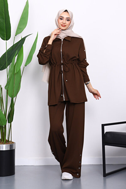 İmajButik Modal Suit with Brown Snap Detailed Tunic Pants